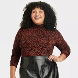 Ava & Viv Women's Animal Print Mock Turtleneck T-Shirt Long Sleeve Plus Size